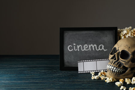 Blackboard, skull and paper cup with popcorn on dark background, space for text