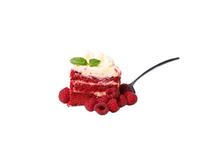 PNG, One piece of red velvet cake and raspberry, isolated on white background