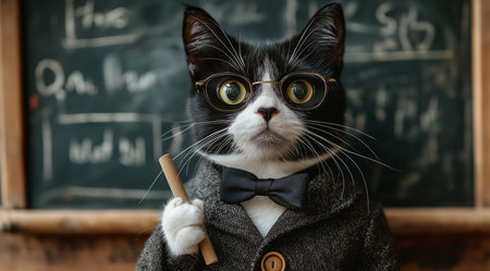 A cat in glasses on a blackboard background, created with Generative AI technology.の素材
