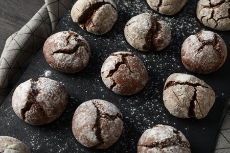 Delicious grinkle cookies on a black, stone board.