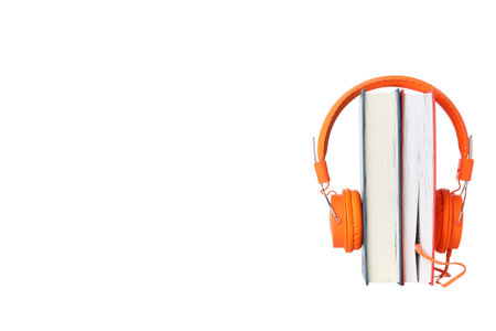 PNG, Books with modern headphones, isolated on white background.の写真素材