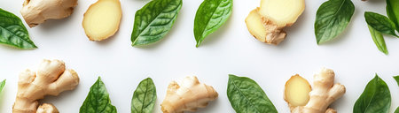 Ginger root whole and slices and leaves on a white background with space for text, created with Generative AI technologyの素材