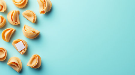 Fortune cookies on blue background with space for text top view, created with Generative AI technologyの素材