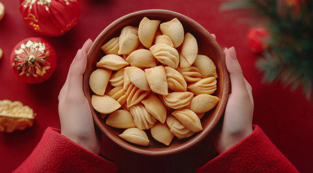 Fortune cookies in a wooden bowl in hands and New Year decorations on a burgundy background, top view, created with Generative AI technologyの素材