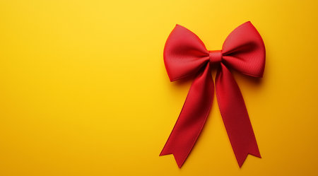 Red ribbon bow on a yellow background with space for text, created with Generative AI technologyの素材