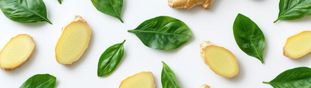 Ginger slices and leaves on a white background, top view, created with Generative AI technologyの素材