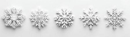 White paper snowflakes in a row on a white background, created with Generative AI technologyの素材