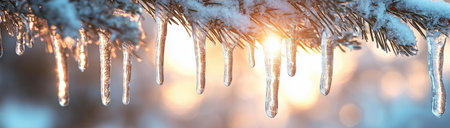 Iced Christmas tree branch with icicles at sunset, created with Generative AI technologyの素材