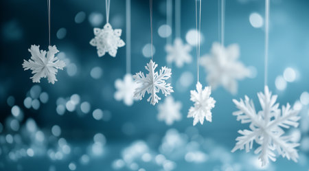 Hanging paper white snowflakes on a blue background, created with Generative AI technologyの素材