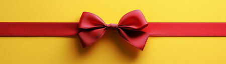Red ribbon with bow on yellow background, created with Generative AI technologyの素材