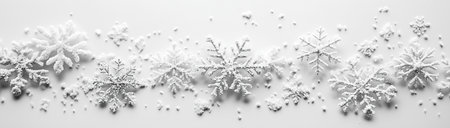 Texture white snowflakes on a white background top view, created with Generative AI technologyの素材