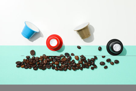 Colored coffee capsules and coffee beans on blue and white background, top viewの写真素材