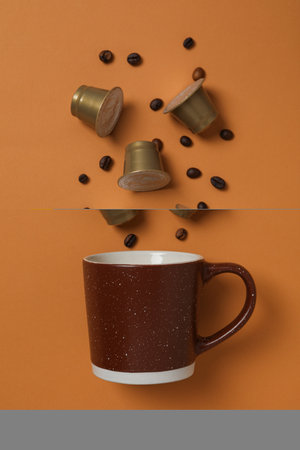 Cup, coffee capsules and beans on brown background, top viewの写真素材
