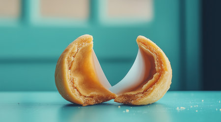 Broken fortune cookies on a light background close up, created with Generative AI technologyの素材