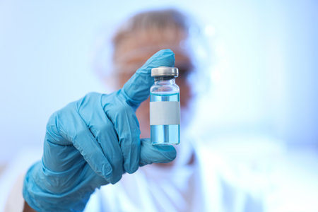 Glass bottle with vaccine in doctor's gloved hand on blue background, close up