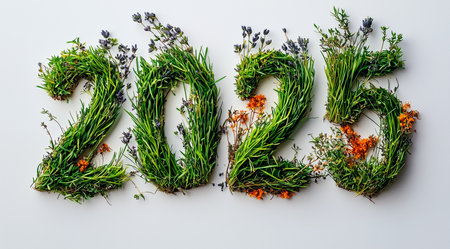 Happy New Year, numbers 2025 made from flowers and grass on a white background close up, created with Generative AI technologyの素材
