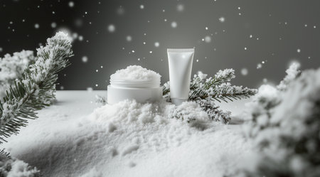 Christmas cosmetics, a jar of cream with snow, created using Generative AI technology.の素材