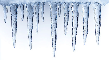 Transparent icicles on a white background close up, created with Generative AI technologyの素材