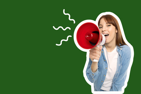 Creative design, a girl with a horn, on a bright background.の写真素材