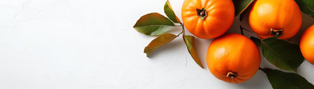 Persimmon fruits and leaves on a white background with space for text, created with Generative AI technologyの素材