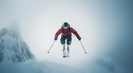 Skiing and snowboarding, a person in the process of skiing, is created on the basis of Generative AI technology.の素材