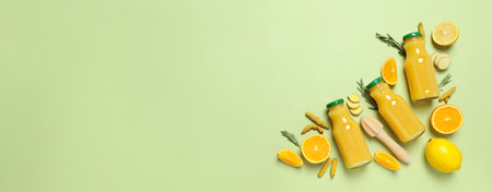 Glass bottle with juice, sliced figs, orange and turmeric on light green background, space for textの写真素材