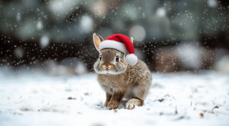 Christmas animals, a rabbit in a Santa hat, generated by artificial intelligence, AI.の素材