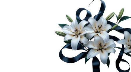 PNG, Funeral, mourning, white lily with ribbon, isolated on white background, AI generated.の素材