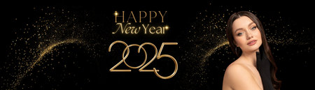 Happy New Year, elegant woman on black background with textの写真素材