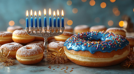 Hanukkah celebration, Hanukkah candles with donut, created with Generative AI technology.の素材