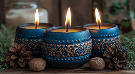 Hanukkah, a candle on a festive table, created using Generative AI technology.の素材