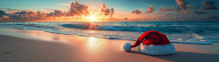 Santa Claus and red bag with gifts, Santa on vacation, created on the basis of Generative AI technology.の素材