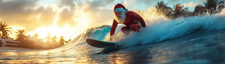 Santa Claus and Red Bag of Gifts, Santa Surfer, powered by Generative AI technology.の素材
