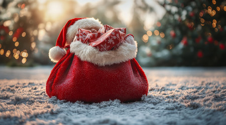 Santa Claus and a red bag with gifts, created on the basis of Generative AI technology.の素材