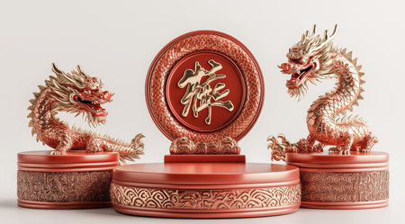 Chinese New Year, traditional symbol - golden dragon, created with Generative AI technology.の素材