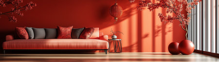 Chinese New Year, home interior in traditional style, created with Generative AI technology.の素材