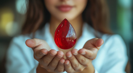 Blood Donor Month, a girl holding a drop of blood, created using Generative AI technology.の素材