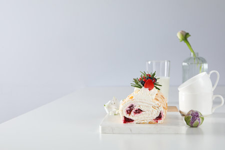 Meringue roll, concept of tasty and delicious foodの写真素材