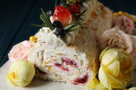 Meringue roll, concept of tasty and delicious food