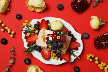 Meringue roll, concept of tasty and delicious foodの写真素材