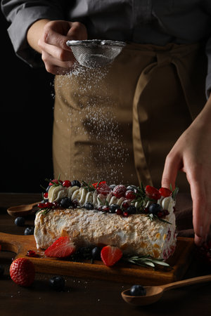 Meringue roll, concept of tasty and delicious foodの写真素材