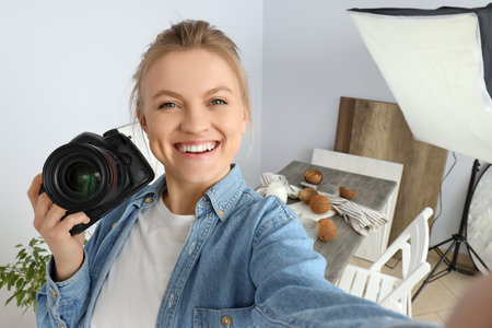 The girl is engaged in subject photography in a photo studio.