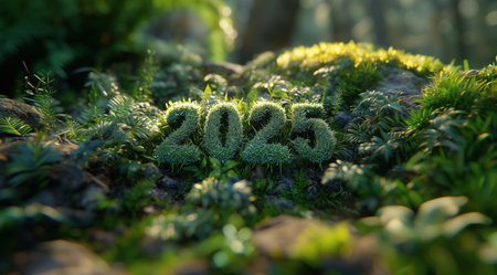 Happy New Year, numbers 2025 from the grass among the bushes, created with Generative AI technologyの素材
