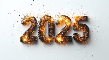 Happy New Year, shiny black and gold numbers 2025 on a white background close up, created with Generative AI technologyの素材