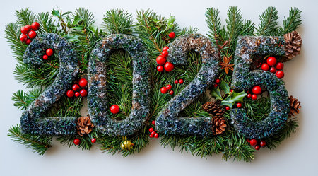 Happy New Year, shiny numbers on Christmas tree branches on a white background top view close up, created with Generative AI technologyの素材