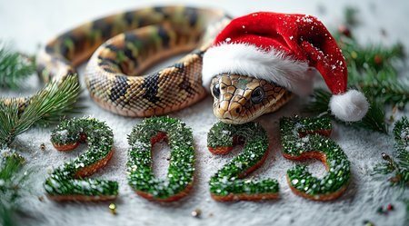Happy New Year, snake in Santa hat and green numbers 2025 on snow close up, created with Generative AI technologyの素材