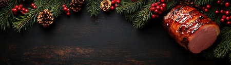 Ham and new year decorations on black wooden background top view with space for text, created with Generative AI technologyの素材