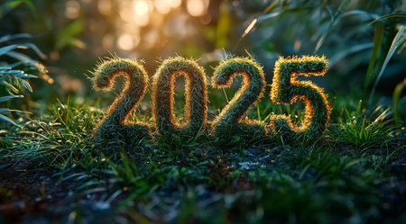 Happy New Year, numbers 2025 made from grass on the grass at sunset close up, created with Generative AI technologyの素材