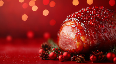 Ham and Christmas decorations on a red background with space for text, created with Generative AI technologyの素材