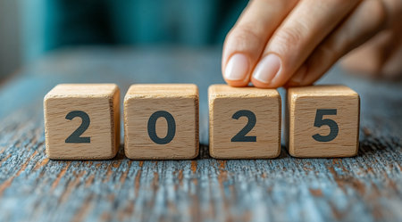 Happy New Year, wooden cubes with numbers 2025 and hand on wooden background close up, created with Generative AI technologyの素材